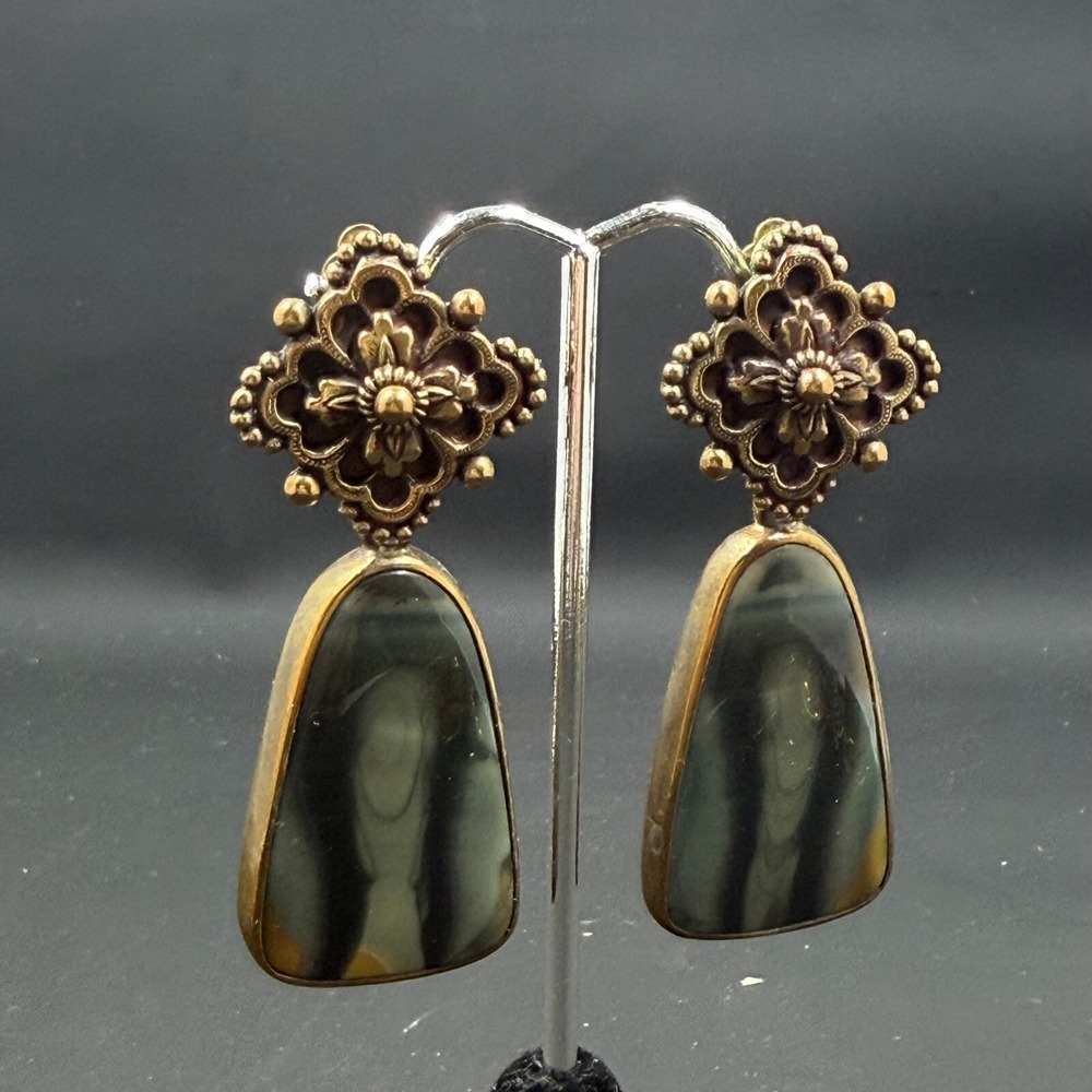 Stephen Dweck 1994 Sterling Bronze Clip Earrings w/ Agate 2.5"‎ Signed